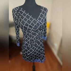 Black, white, blue fitted dress